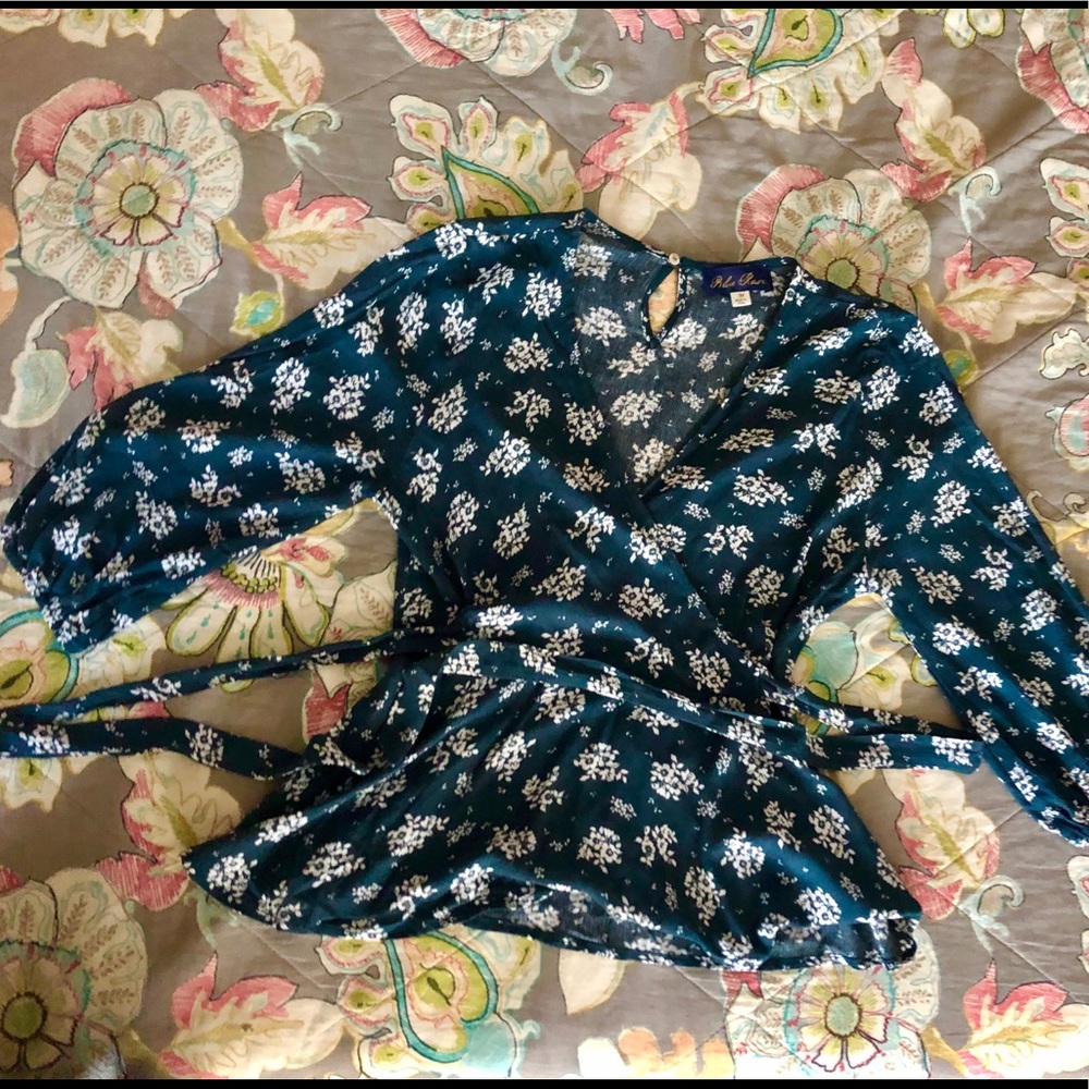 Adorable Teal Cinch Tie Waist V-Neck Floral Blouse